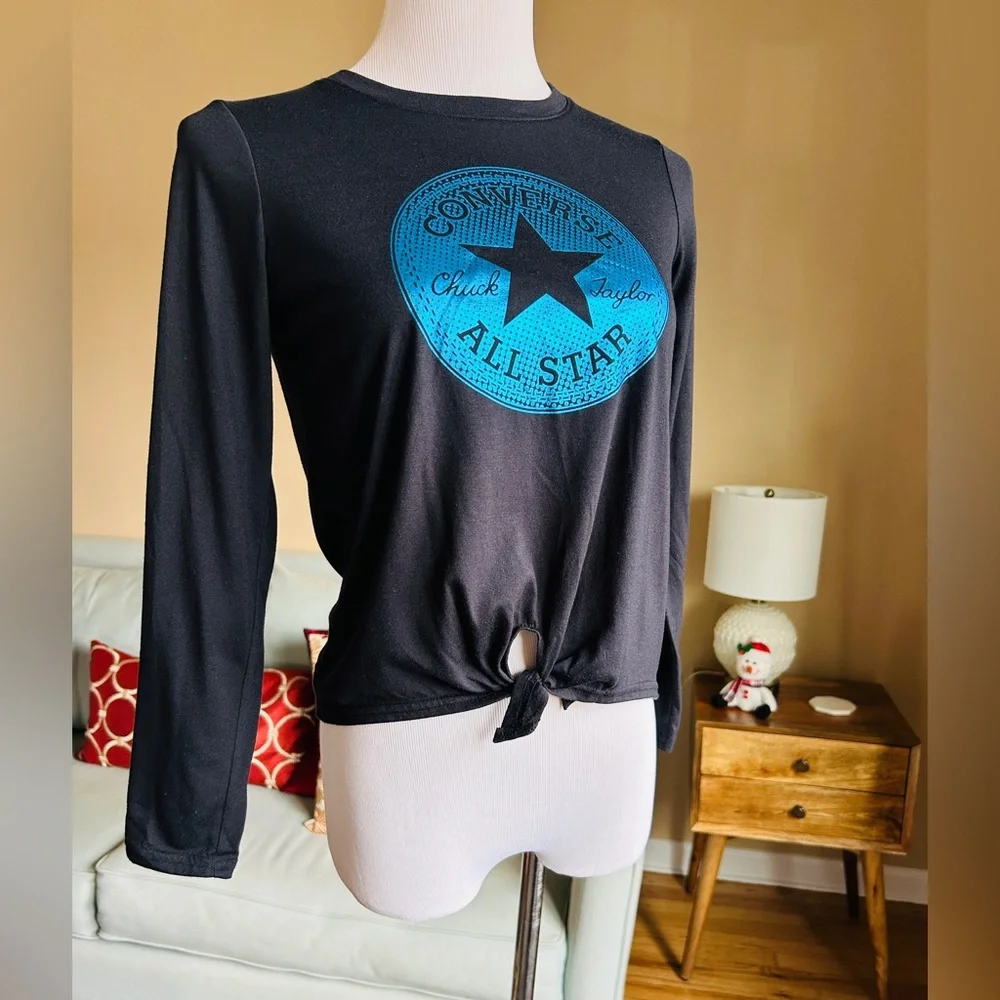 Converse Girls Black Long Sleeve Front Tie Graphic Logo Top 12/14 XL